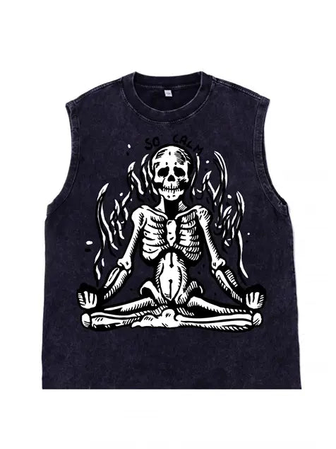 230g Skull Meditation Calm Down Printed Wash Old Sleeveless T-shirt Emma Bridess