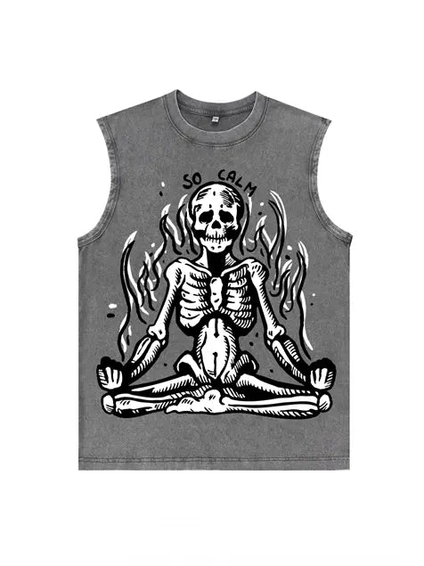 230g Skull Meditation Calm Down Printed Wash Old Sleeveless T-shirt Emma Bridess