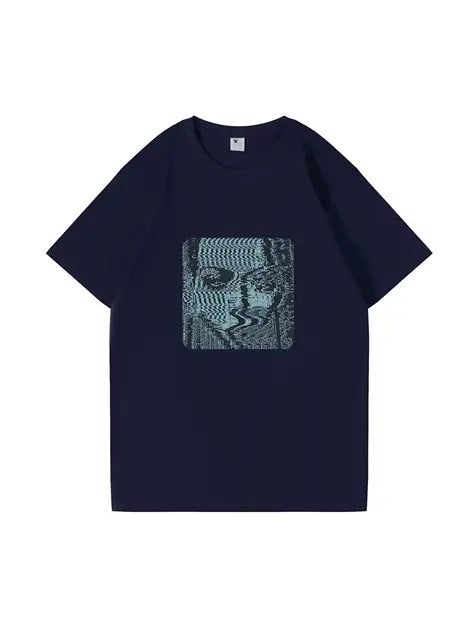 270g Pixel Electric Wave Man Printed Wash Old Cotton T-shirt Emma Bridess