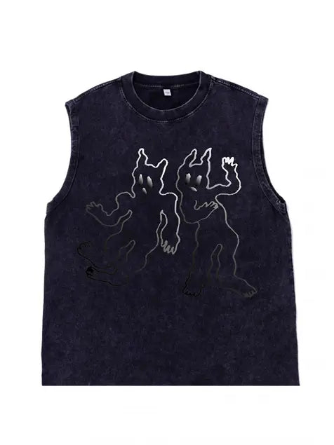 230g Abstract Line Cartoon Printed Wash Old Sleeveless T-shirt Emma Bridess
