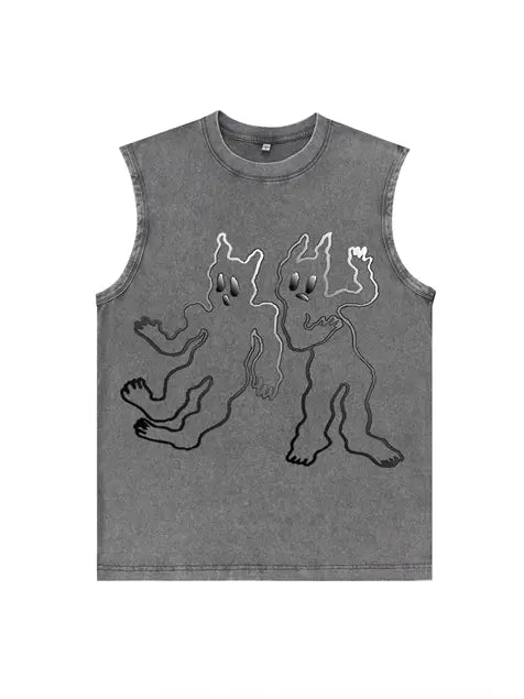 230g Abstract Line Cartoon Printed Wash Old Sleeveless T-shirt Emma Bridess