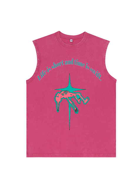230g Life is Short Printed Wash Old Cotton Sleeveless T-shirt Emma Bridess