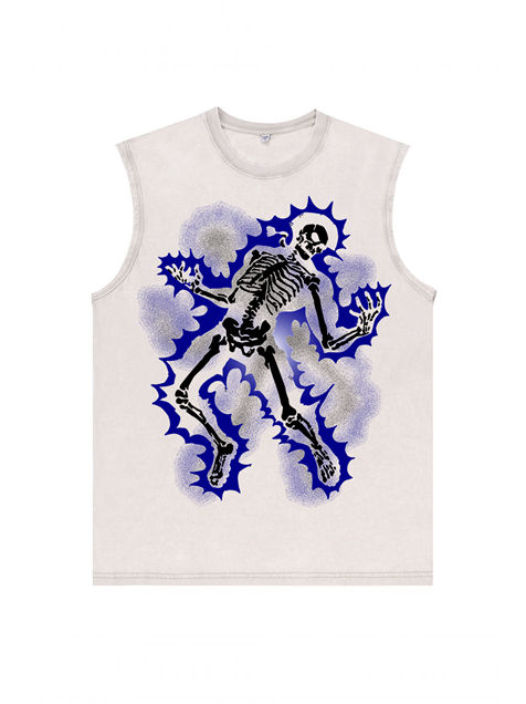 230g Lightning Stroke Skull Printed Wash Old Cotton Sleeveless T-shirt Emma Bridess