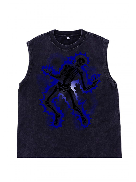 230g Lightning Stroke Skull Printed Wash Old Cotton Sleeveless T-shirt Emma Bridess