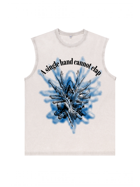230g The Holy Spirit's Hand Blue Printed Wash Old Cotton Sleeveless T-shirt Emma Bridess