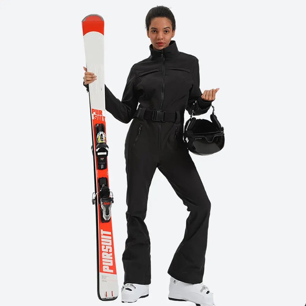 Slim Fit One-Piece Ski Suit with Belted Design Snow Jumpsuit