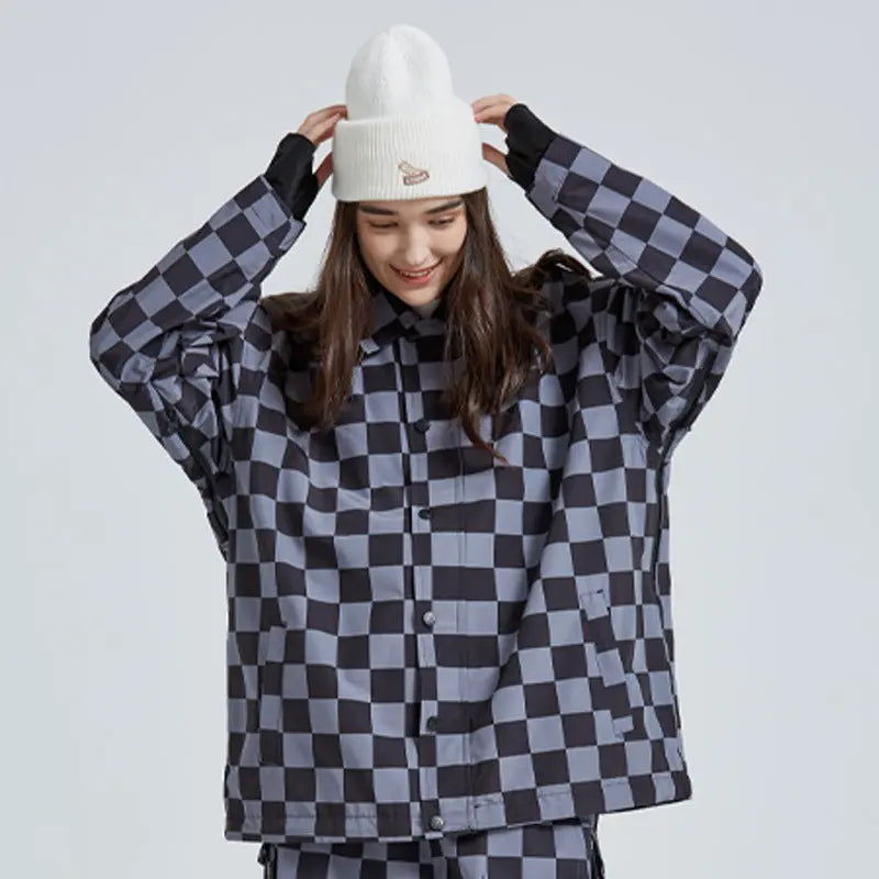 Stylish Checkerboard Ski Shirt Jacket Insulated Button-Up Snow Coat