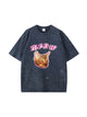 Meow Cat Print Vintage Washed Cotton T Shirt