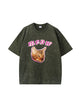 Meow Cat Print Vintage Washed Cotton T Shirt