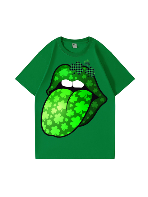 240g Shamrock Protruding Tongue Printed Cotton T-shirt for St. Patrick's Day Emma Bridess