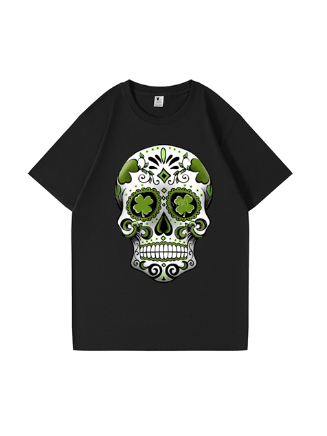 240g Four-leaf Clover Skull Printed Cotton T-shirt for St. Patrick's Day Emma Bridess