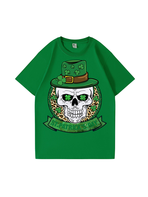 240g Four Leaf Clover Skull Printed Cotton T-shirt for St. Patrick's Day Emma Bridess