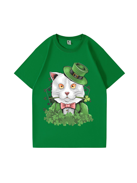 240g Gentle Cat Printed Cotton T-shirt for St. Patrick's Day Emma Bridess
