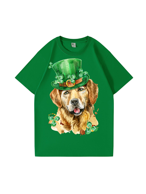 240g Golden Retriever Printed Cotton T-shirt for St. Patrick's Day Emma Bridess