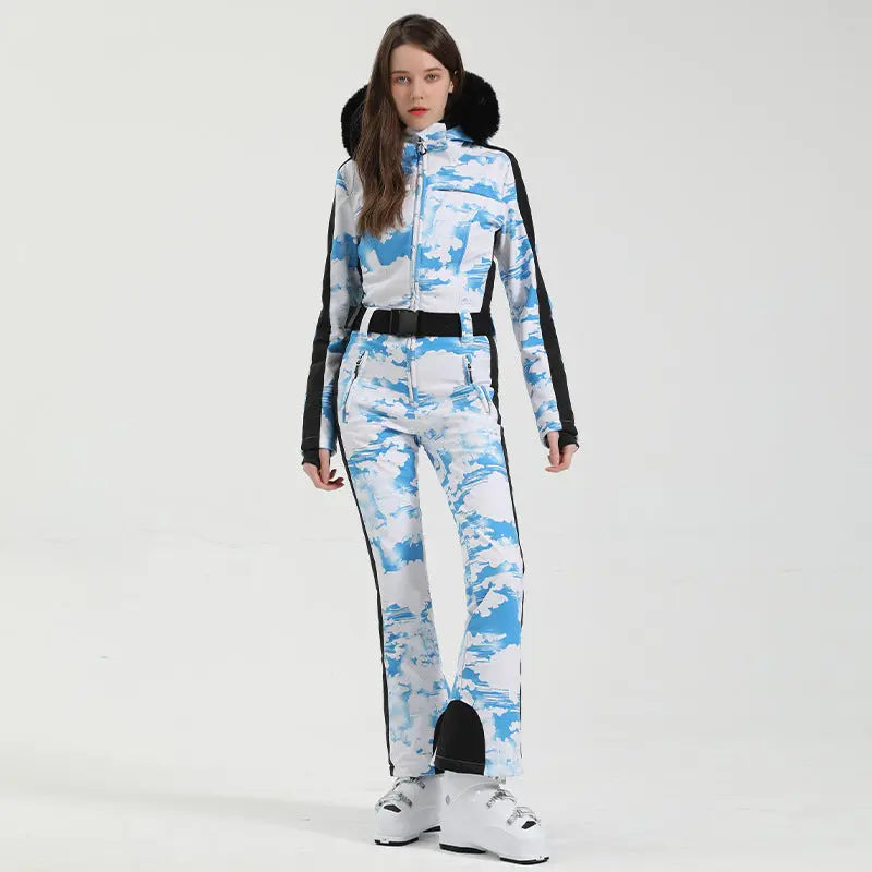 Unique Printed One-Piece Ski Romper Fur Hooded Snowsuit
