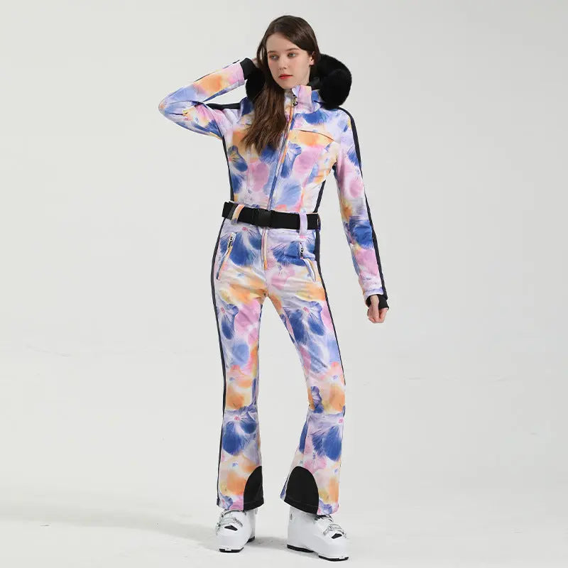 Unique Printed One-Piece Ski Romper Fur Hooded Snowsuit