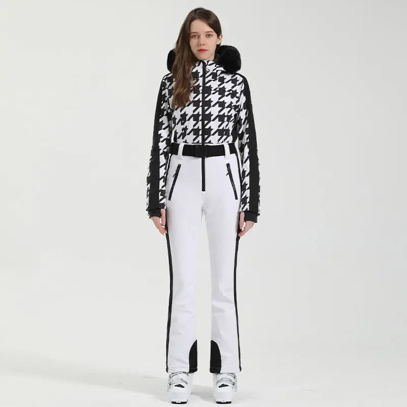 Unique Printed One-Piece Ski Romper Fur Hooded Snowsuit