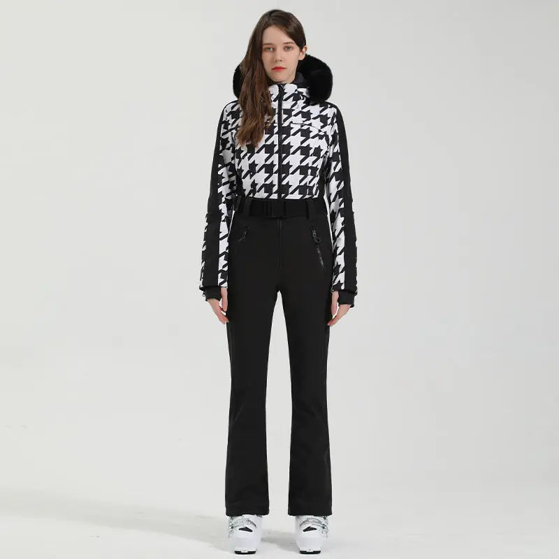 Unique Printed One-Piece Ski Romper Fur Hooded Snowsuit