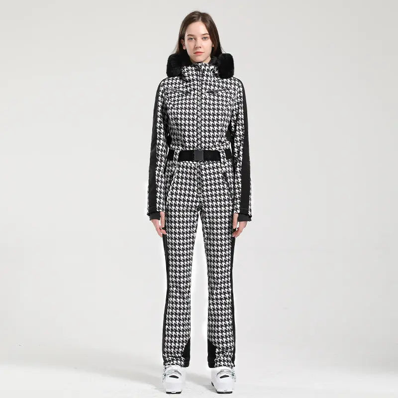 Unique Printed One-Piece Ski Romper Fur Hooded Snowsuit