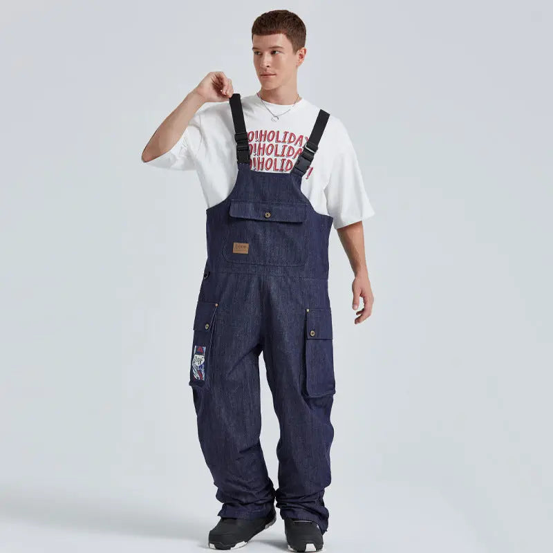 Unisex Denim Snow Bib Pants Waterproof Ski Overalls