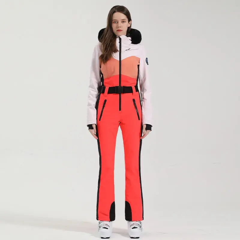 Women’s One-Piece Ski Suit with Fur Collar Snow Jumpsuit