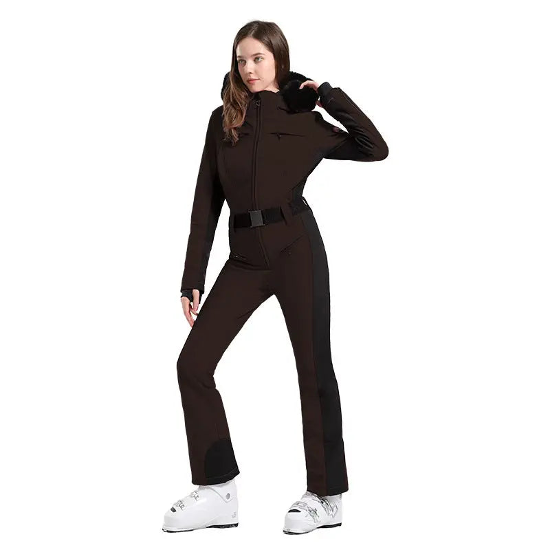 Women’s One-Piece Ski Suit with Fur Collar Snow Jumpsuit