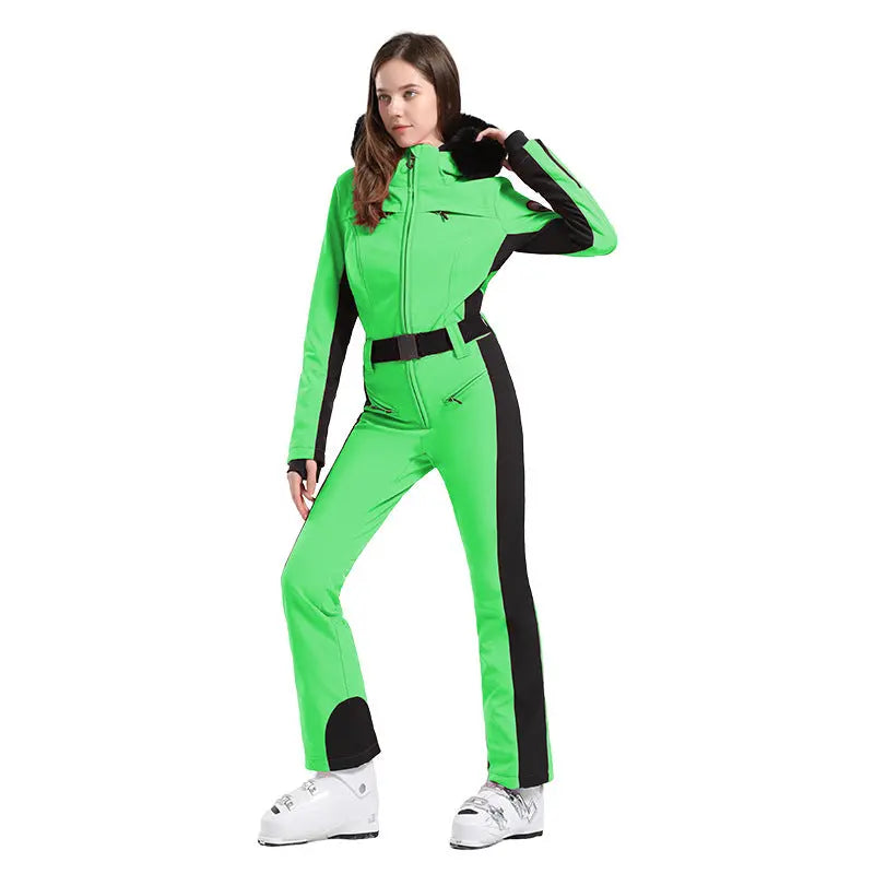Women’s One-Piece Ski Suit with Fur Collar Snow Jumpsuit