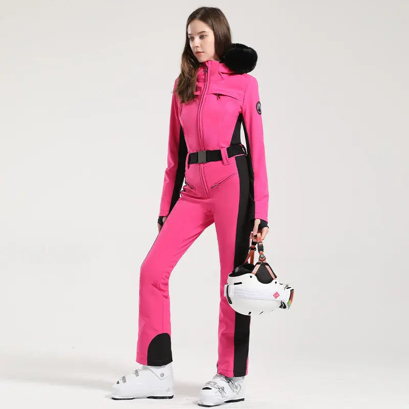 Women’s One-Piece Ski Suit with Fur Collar Snow Jumpsuit