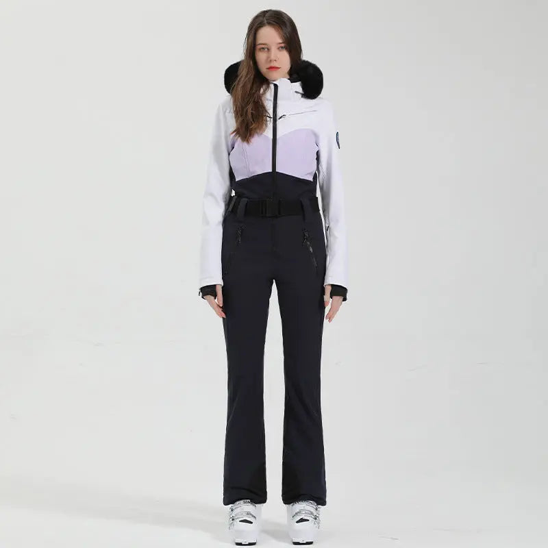 Women’s One-Piece Ski Suit with Fur Collar Snow Jumpsuit