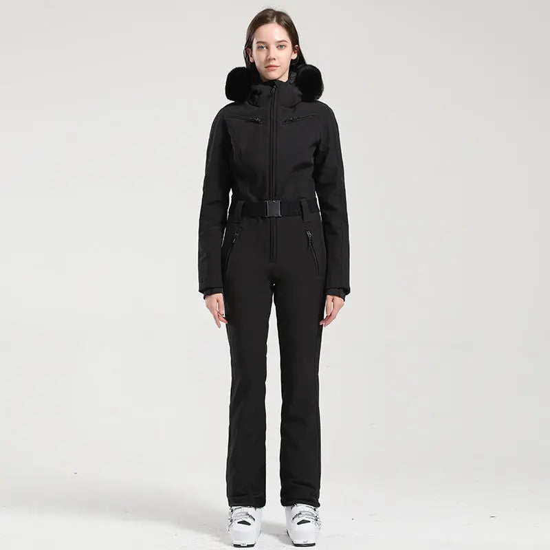 Women’s One-Piece Ski Suit with Fur Collar Snow Jumpsuit