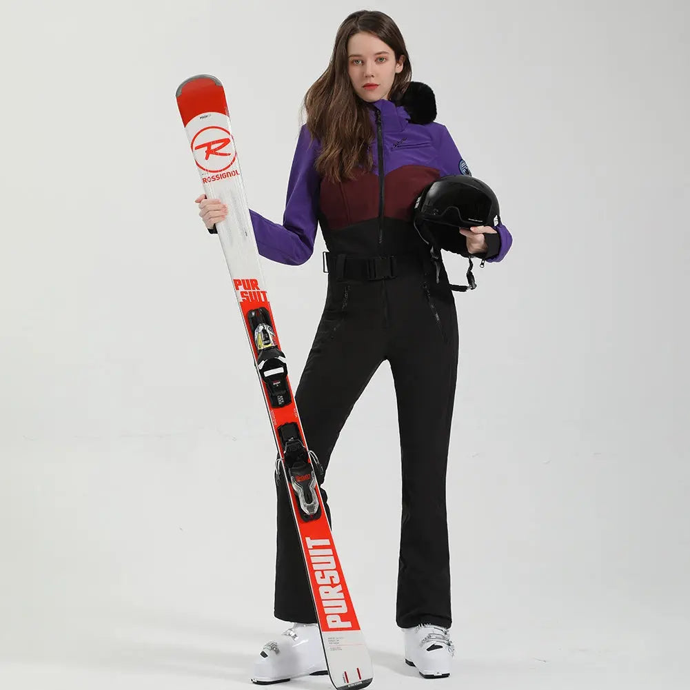 Women’s One-Piece Ski Suit with Fur Collar Snow Jumpsuit