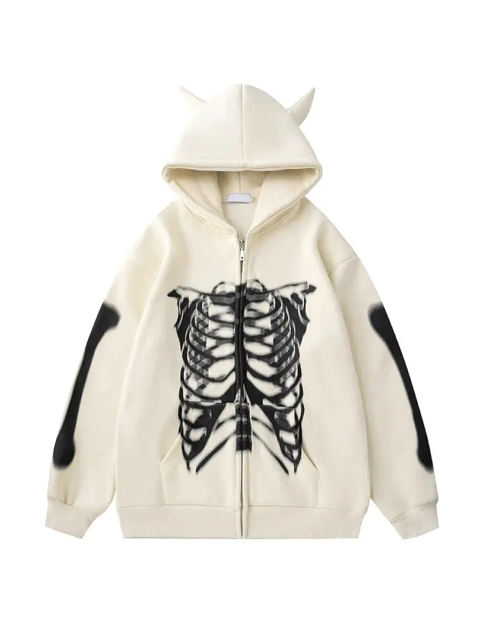 Gothic Devil Horn Skull Zip Up Hoodie - Emma Bridess