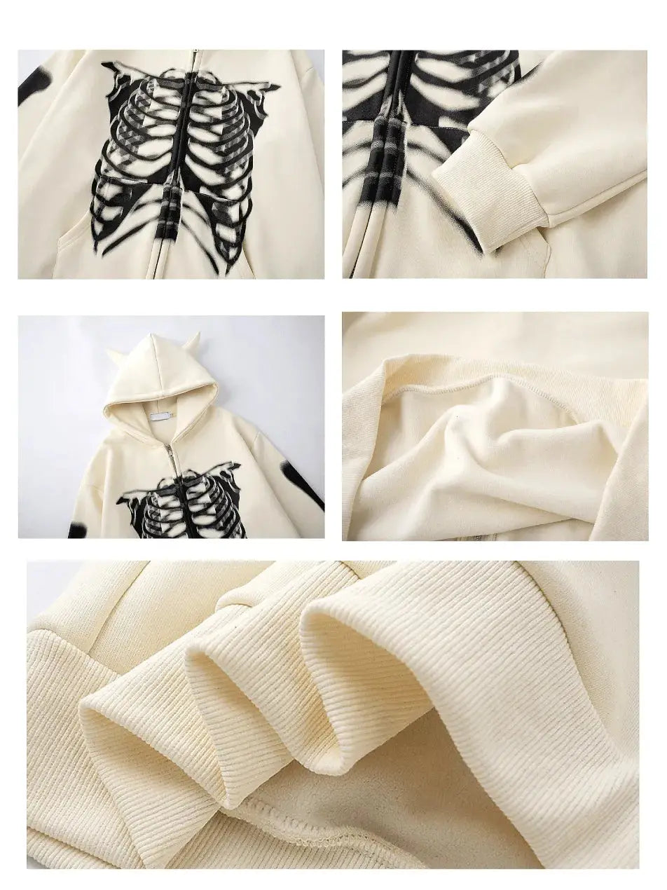 Gothic Devil Horn Skull Zip Up Hoodie - Emma Bridess Gothic Devil Horn Skull Zip Up Hoodie - Emma Bridess