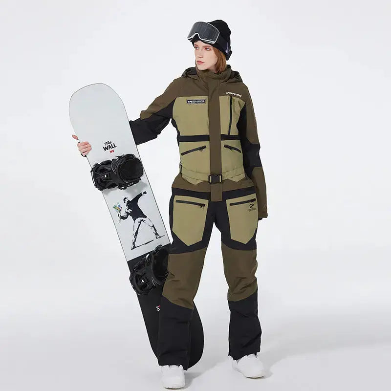 Women One Piece Ski Suit Patchwork Snowwear for Winter Sports