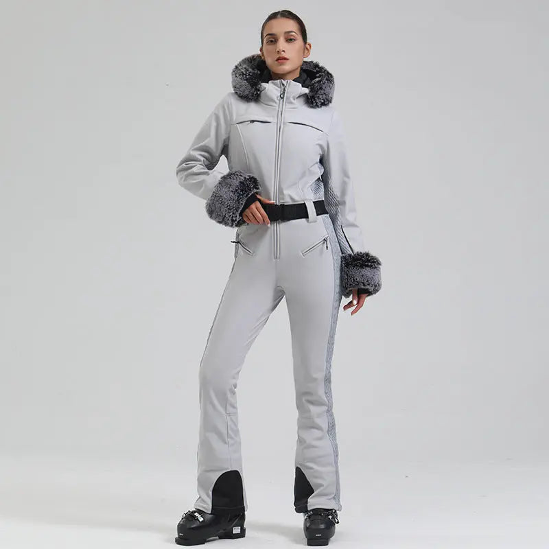 Slim Fit One Piece Ski Jumpsuit with Faux Fur Hood Chic Style