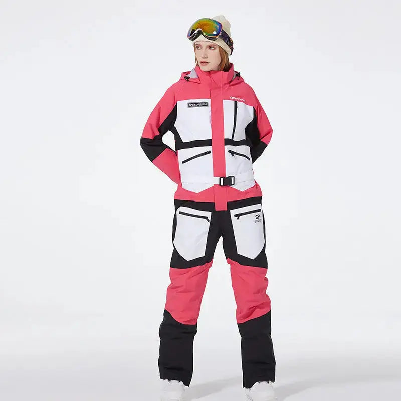 Women One Piece Ski Suit Patchwork Snowwear for Winter Sports