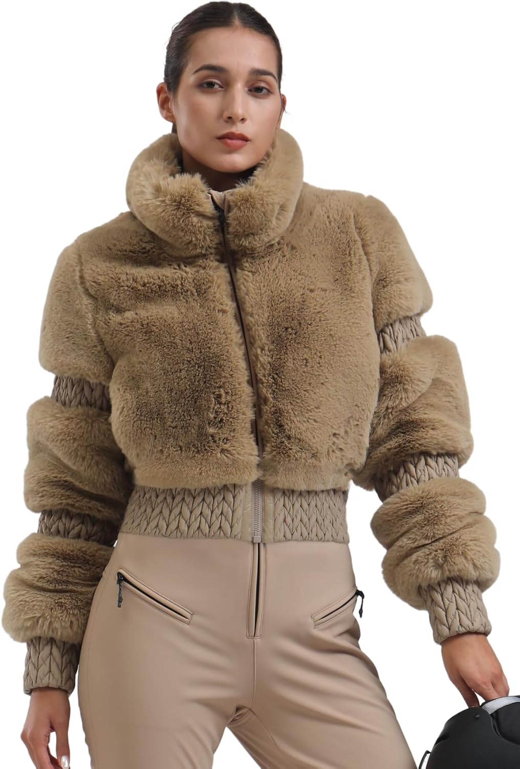 Women Ski Jacket Faux Fur Snowboard Coat Snow Cropped Jacket Winter Outdoor