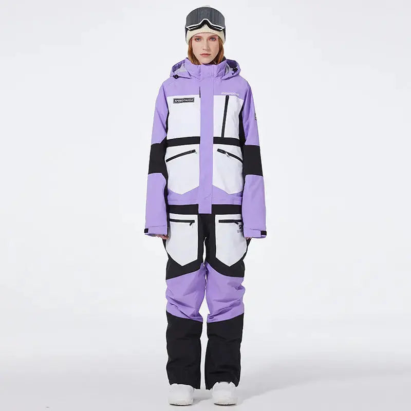 Women One Piece Ski Suit Patchwork Snowwear for Winter Sports