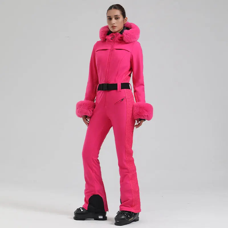 Slim Fit One Piece Ski Jumpsuit with Faux Fur Hood Chic Style