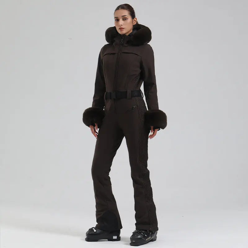 Slim Fit One Piece Ski Jumpsuit with Faux Fur Hood Chic Style