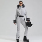 Chic Slim Fit One Piece Ski Jumpsuit with Faux Fur Hood