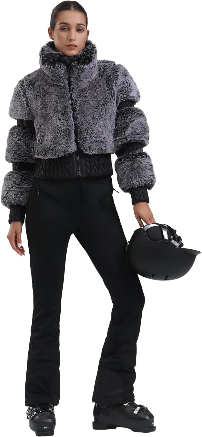 Women Ski Jacket Faux Fur Snowboard Coat Snow Cropped Jacket Winter Outdoor
